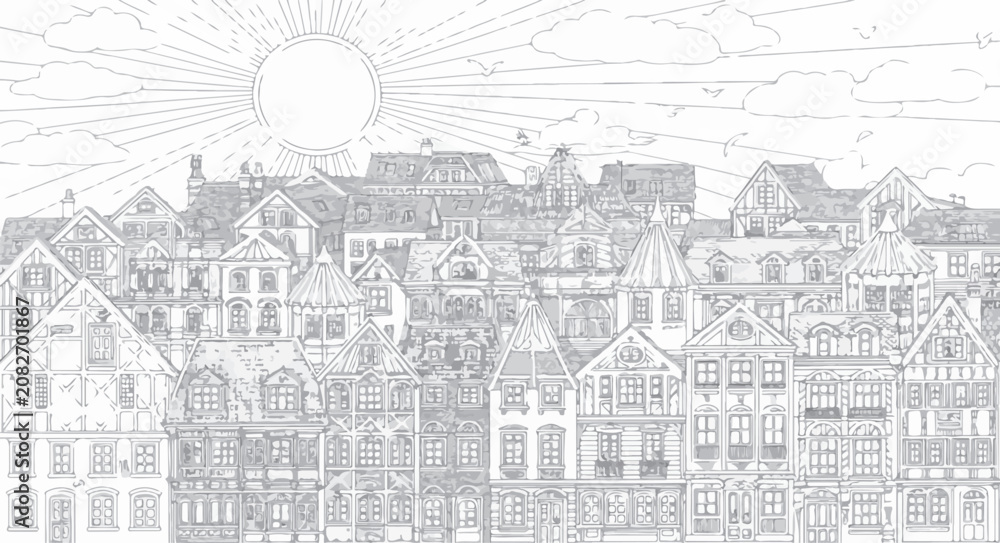 Obraz premium Panoramic View of Historic European Town: A detailed line drawing captures the intricate architecture of an old European town, with rows of traditional buildings stretching towards a sunburst sky.