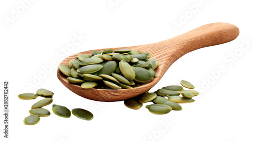Organic Pumpkin Seeds in Wooden Spoon Highlighting Healthy Nutrition Superfood Benefits for Natural Diet and Wellness Products on White background