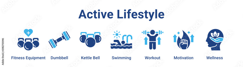 Fototapeta premium Active Lifestyle web banner icon vector illustration concept for sport with icon of Fitness Equipment, Dumbbell, Kettle Bell, Swimming, Workout.