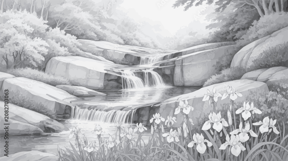 Fototapeta premium Serene Waterfall Oasis: A black and white sketch captures a tranquil cascade flowing over moss-covered rocks, surrounded by lush foliage and delicate iris flowers.