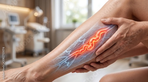 Woman Suffering from Painful Varicose Veins with Leg Vein Anatomy Overlay and Venous Insufficiency