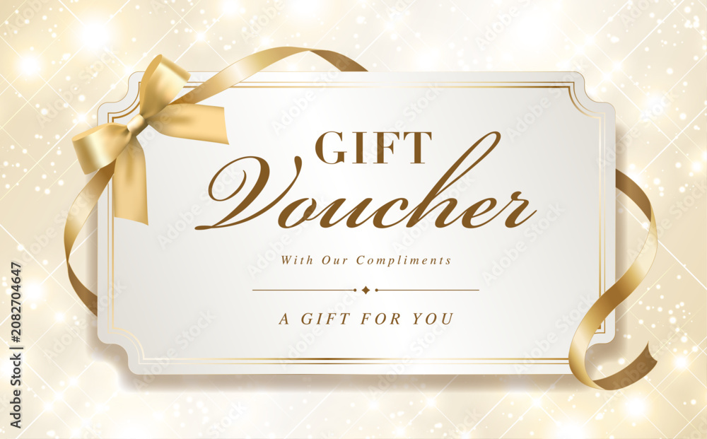Fototapeta premium Elegant Gift Voucher Template with Gold Ribbon on a Sparkling Background