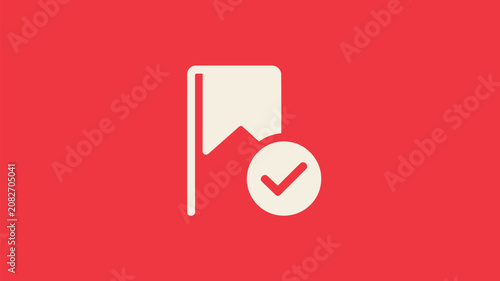 Bookmark icon marked with a check symbol signifies a completed task or saved preference on a solid red background.