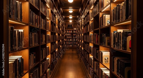 Aisle of Books in a Dimly Lit Library.