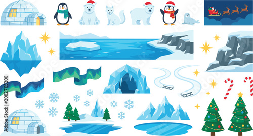 Photography Arctic Christmas vector illustration set featuring polar animals igloos aurora b