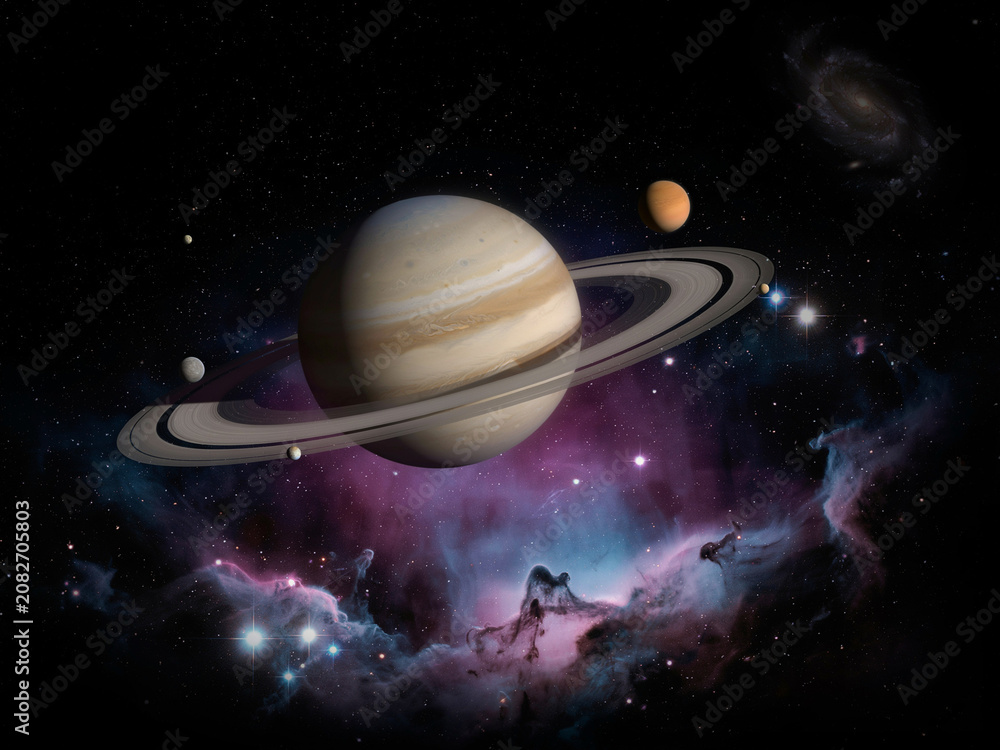 Naklejka premium Saturn planet with rings in deep space nebula background
