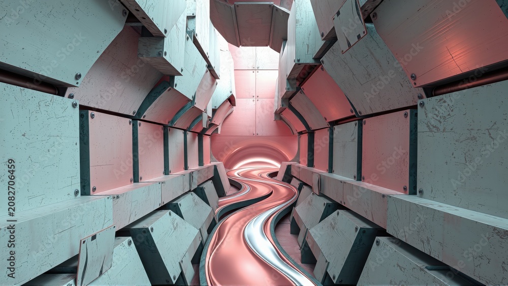 Fototapeta premium Futuristic corridor, glowing pink light, geometric shapes. Metallic textures create depth, perspective draws viewer inward. Minimalist design.