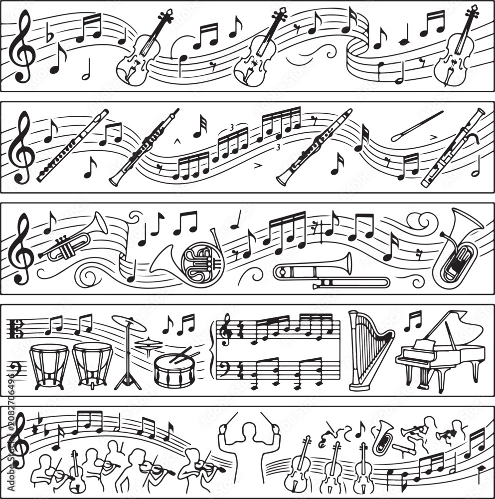 Fototapeta premium Music notes, musical instruments, vector illustrations, sheet music, black and white
