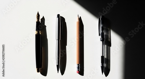 Four writing instruments including fountain pens and markers casting shadows.