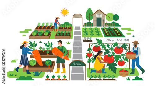 Tableau sur toile Community garden harvest together poster with various vegetables
