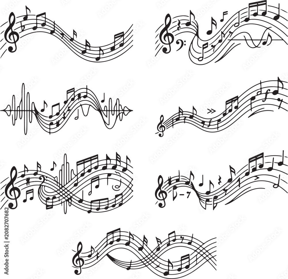 Fototapeta premium Music notes, sheet music, melody icons, vector notes, musical symbols, wave lines