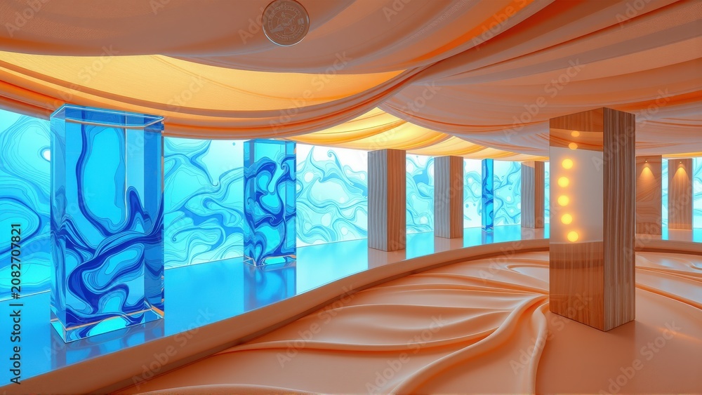 Fototapeta premium Abstract interior. Curving walls, blue liquid columns, warm lighting create surreal space. Smooth textures dominate design.