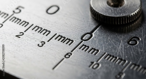 Close-up Macro Shot of a Metal Ruler with Millimeter Markings and a Measuring Device.