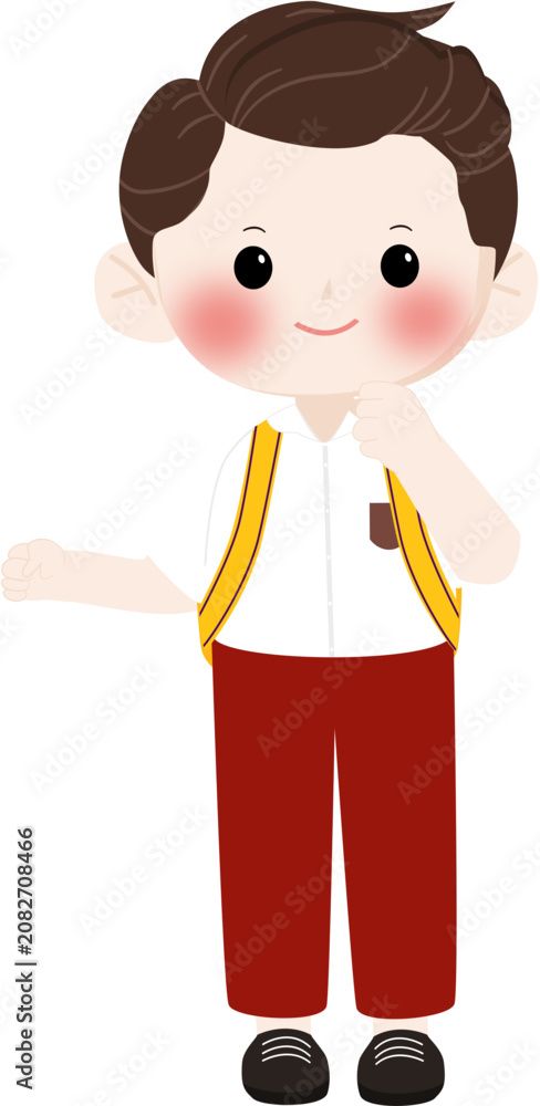 Obraz premium Happy Indonesian Elementary School Boy Wearing Red and White Uniform with Backpack, Smiling Student Character Illustration Isolated on Transparent Background