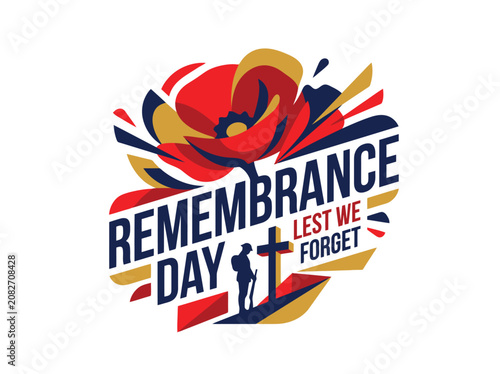 Remembrance Day Poster Graphic with Red Poppy Flower and Soldier Silhouette Standing by Cross