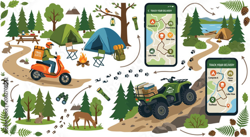 Foto Camping food delivery concept vector illustration with scooter and quad bike del