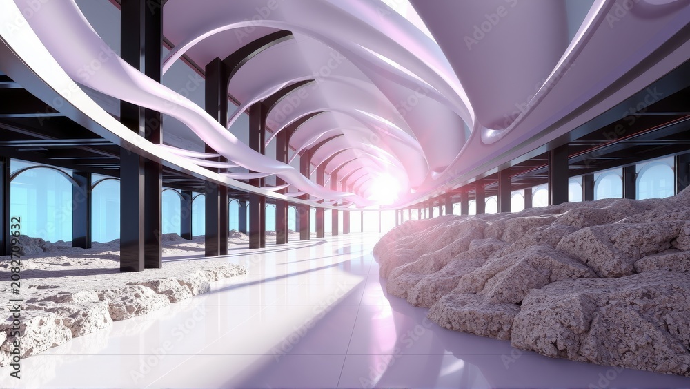 Fototapeta premium Futuristic corridor. Light source draws eye forward. Smooth curves contrast rough terrain. Minimalist design creates spacious feel.