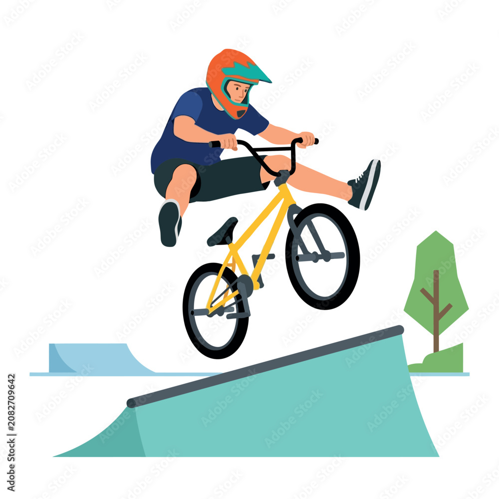 Obraz premium BMX rider performing a mid-air trick on a ramp in a flat vector illustration style
