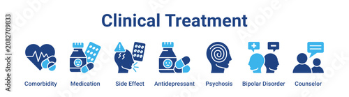 Clinical Treatment web banner icon vector illustration concept for medical with icon of Comorbidity, Medication, Side Effect, Antidepressant, Psychosis, Bipolar.