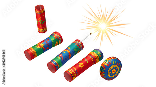 Traditional Diwali Firecrackers Set with Lit Sparkler Fuse on White Background