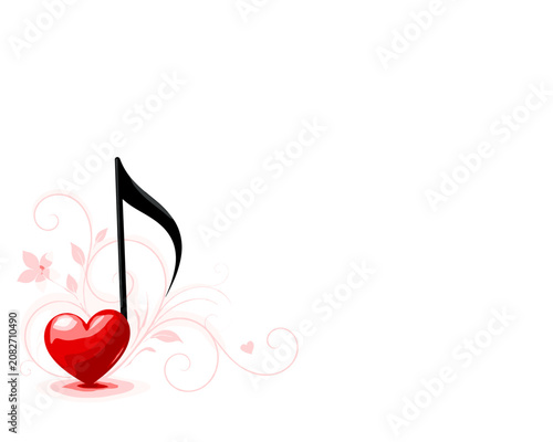 Quadro su tela A glossy red heart paired with a graceful musical note, surrounded by delicate pink floral swirls on a clean white background, symbolizing love, romance, and the emotional beauty of music