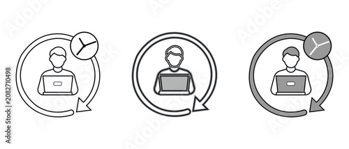 work time management line icons vector set. professional remote worker with laptop inside circular arrow and clock showing constant project completion and productivity outline illustrations