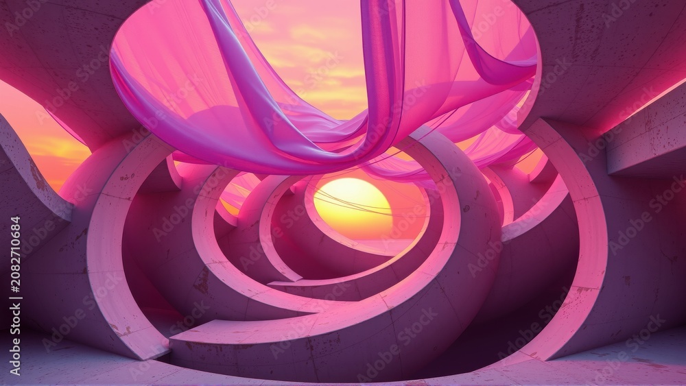 Fototapeta premium Abstract tunnel, pink fabric flowing. Circular architecture, warm sunset glow. Dramatic lighting, modern design, minimalist space.