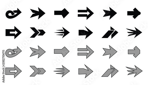 Arrows vector illustration set on transparent background, outline, solid, and color version, indicating direction, movement, and navigation.