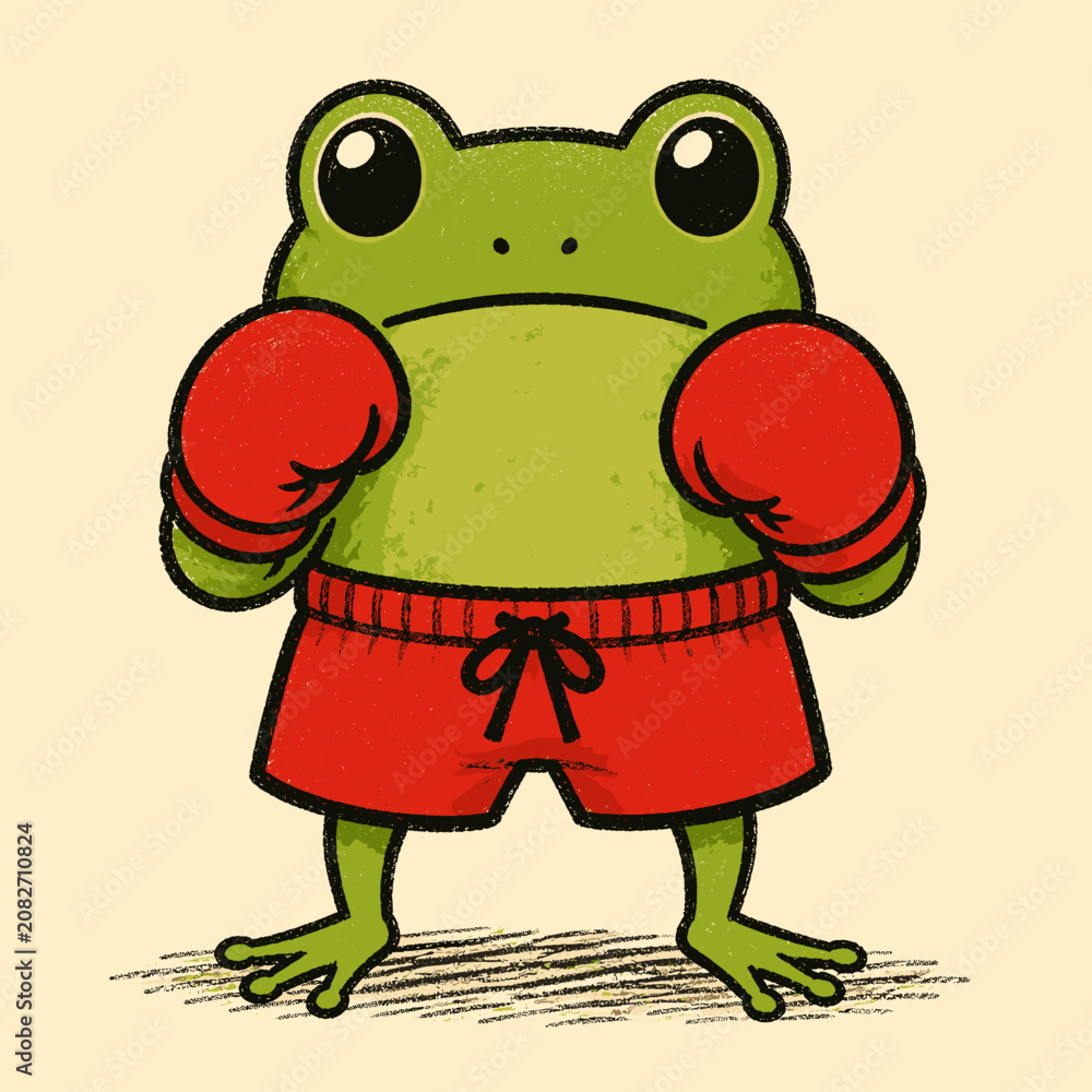 Obraz premium Cute cartoon green frog wearing red boxing gloves and shorts in a fighting stance illustration
