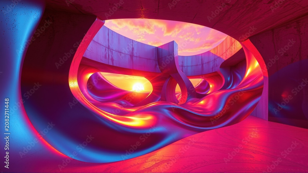 Fototapeta premium Abstract tunnel interior. Vivid colors, flowing shapes, dramatic lighting create futuristic space. Warm sunset visible above.