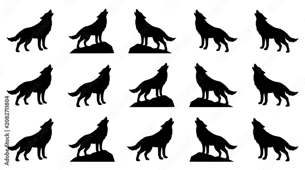 Fototapeta premium Black silhouette illustrations of wolves in various howling positions vector graphic