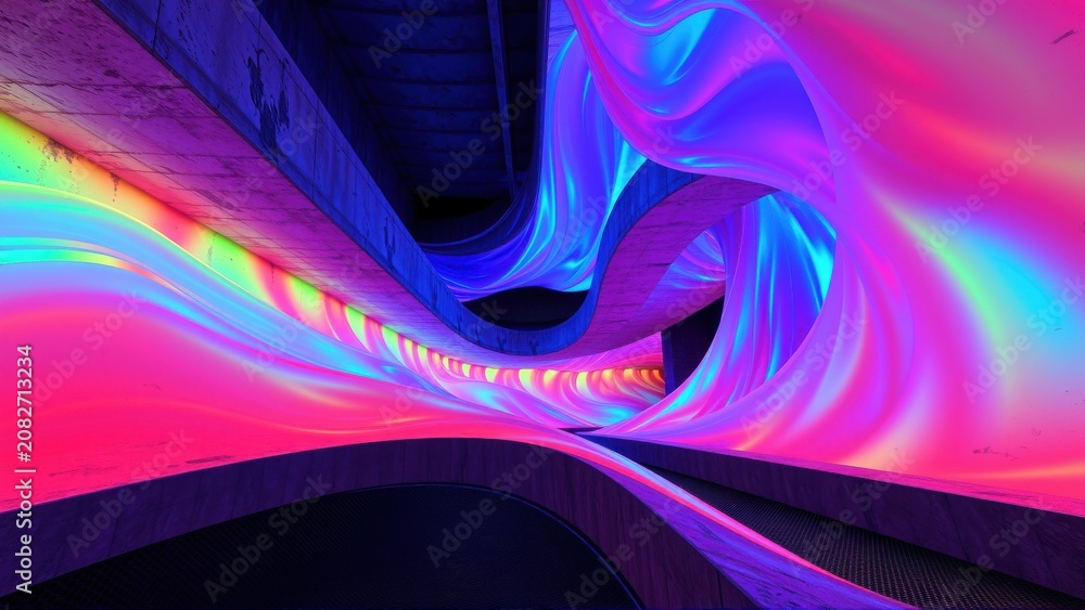 Fototapeta premium Abstract tunnel, vibrant colors flow. Dramatic lighting creates dynamic, futuristic impression. Smooth curves, dark background.