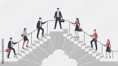 Business professionals climb stairs towards a central leader figure as they ascend toward success.