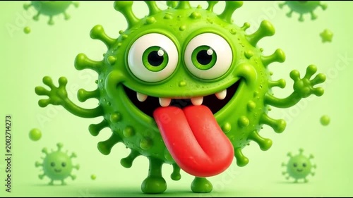 surreal fantasy, dreamy Funny green virus monster character with big eyes and a long red tongue motion