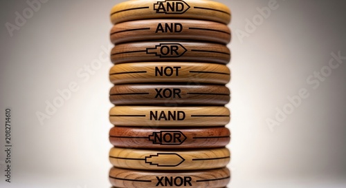 Stack of Wooden Rings Displaying Logic Gates and Symbols.