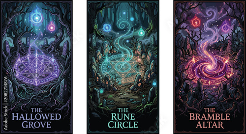 Fotografie Fantasy magic portal card vector set featuring hallowed grove rune circle and br