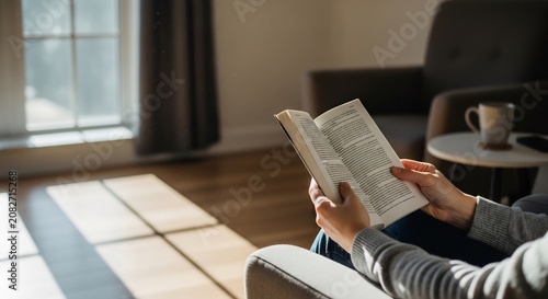 Person Relaxing Indoors Reading a Book in Warm Sunlight.