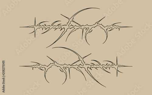 Detailed horizontal cyber sigilism abstract design layout bundle. Symmetric sharp fine line thorn borders and spiky alternative metal core graphics