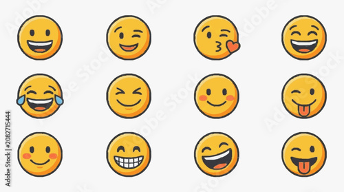 Corporate Collection of 12 Vibrant Yellow Emoji Faces Expressing Various Joyful and Playful Emotions for Presentations Marketing and Social Media