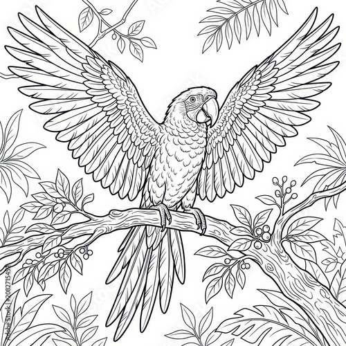 Macaw parrot coloring page with wings spread