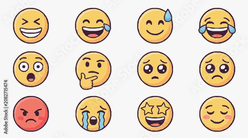 Corporate Collection of 12 Vibrant Yellow Emoticon Faces Expressing Various Emotions and Reactions for Presentations Reports and Digital Content
