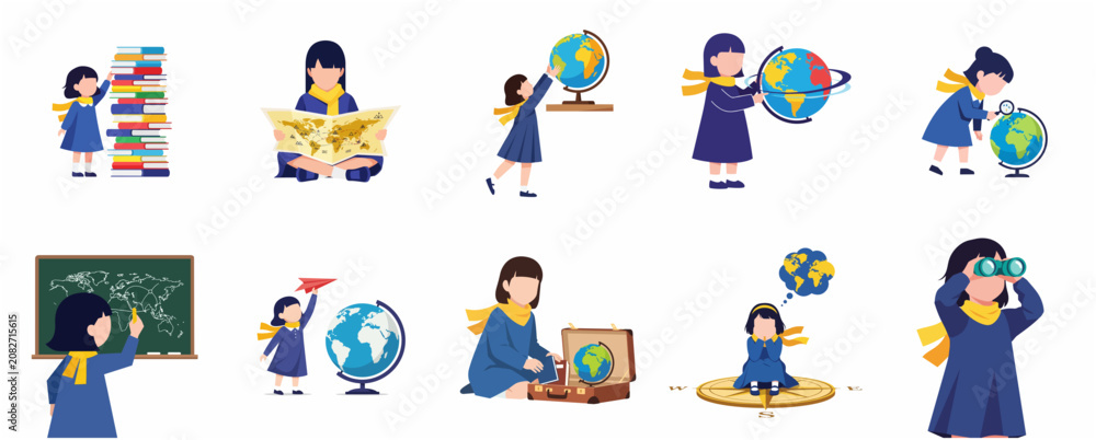 Fototapeta premium Set of flat illustrations showing a young girl exploring the world through geography, education, and travel themes