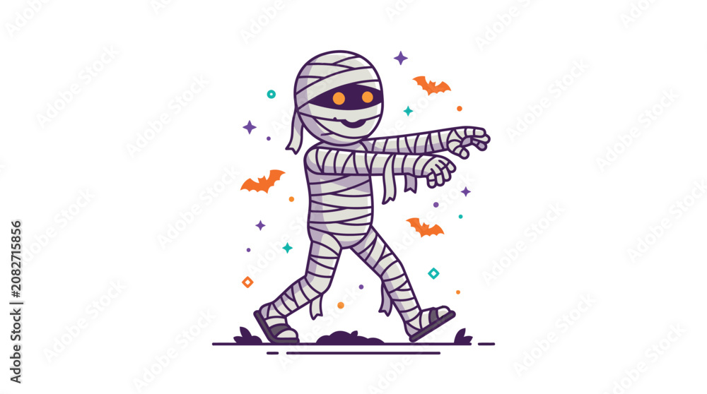 Fototapeta premium Cartoon Mummy Walking in Halloween Costume.