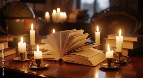 Ancient Open Book Illuminated by Flickering Candles on a Wooden Table.