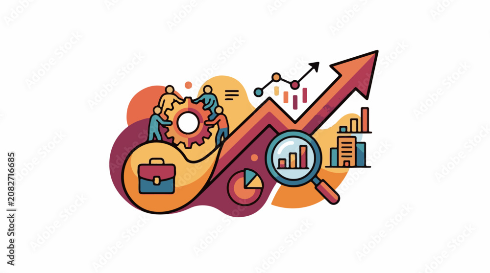 Naklejka premium Business growth analysis with teamwork charts and briefcase icons