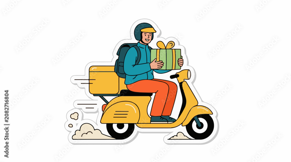 Naklejka premium Cartoon delivery person on a yellow scooter with a gift box