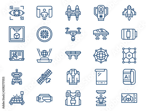 Advanced futuristic technology outline collection presents detailed scientific innovation elements. Cyberpunk concept