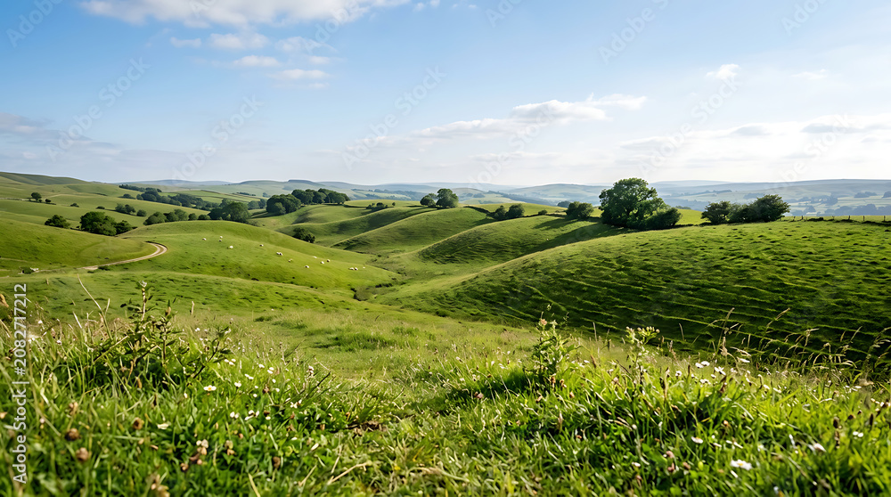 Fototapeta premium Sunlit rolling green landscape with wildflowers landscape wildflowers countryside environment sunlight blooming