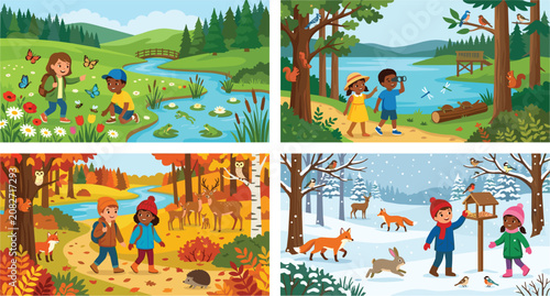 Canvas Print Four seasons nature landscapes vector banners set featuring children and wild an