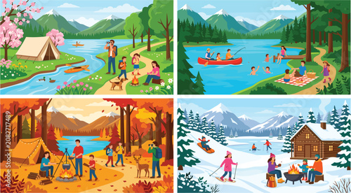 Photography Four seasons outdoor camping landscape vector banners set featuring spring summe